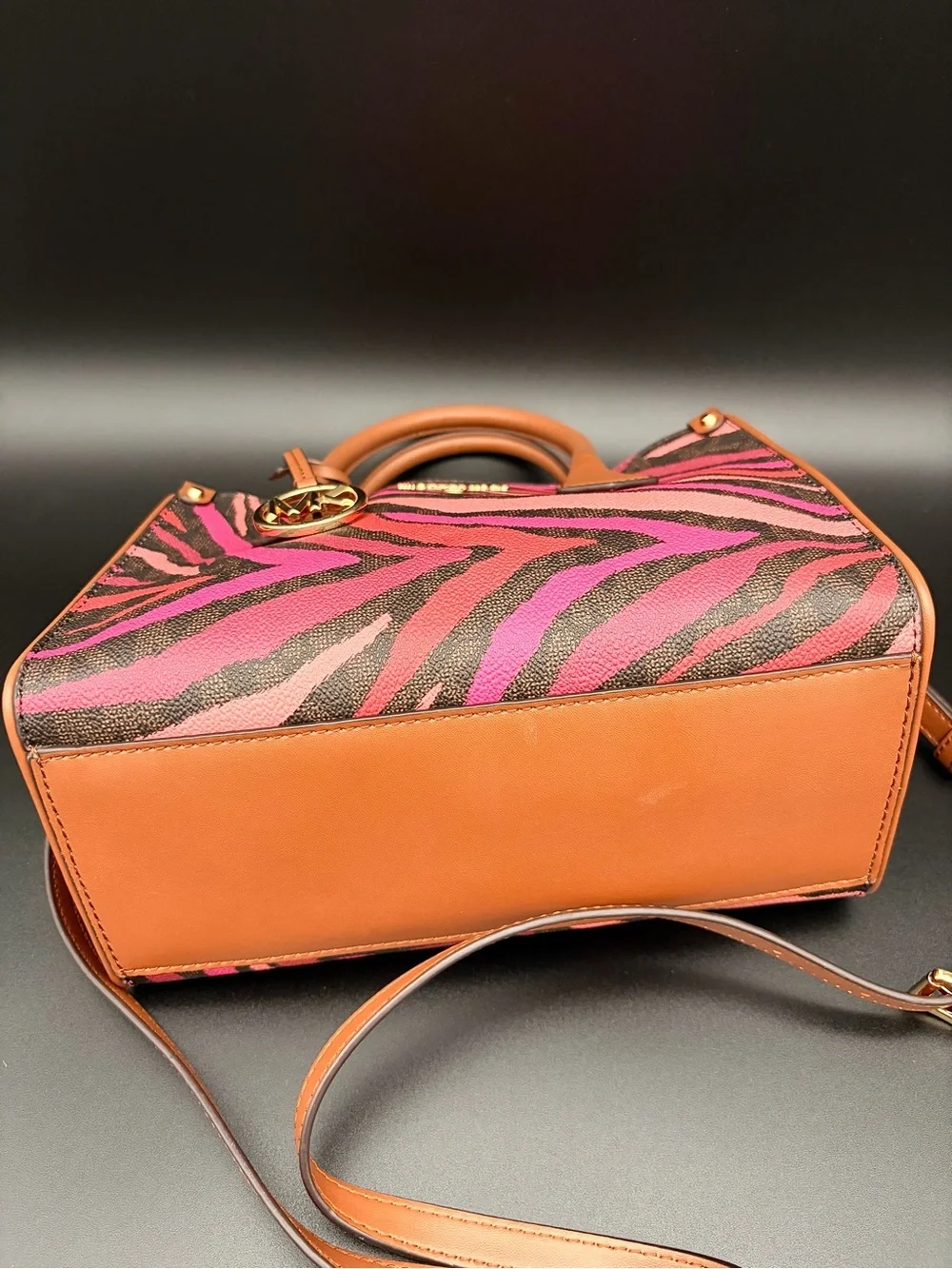 Michael Kors Maple Small Leather Satchel Handbag Purse in Pink Zebra Print